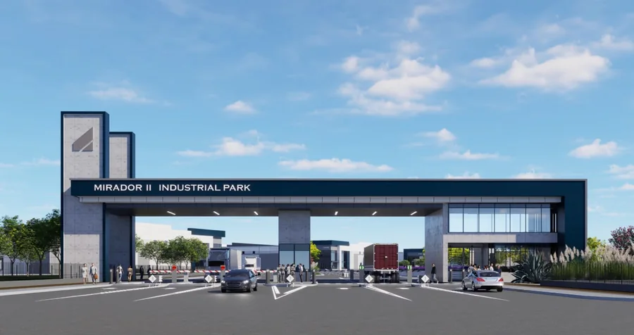 Render del acceso principal de Mirador II con el arco de entrada al parque