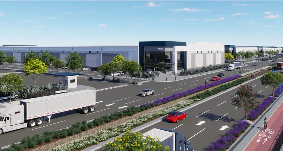 Render del boulevard principal de Mirador II con camellón arbolado y tránsito de tráileres