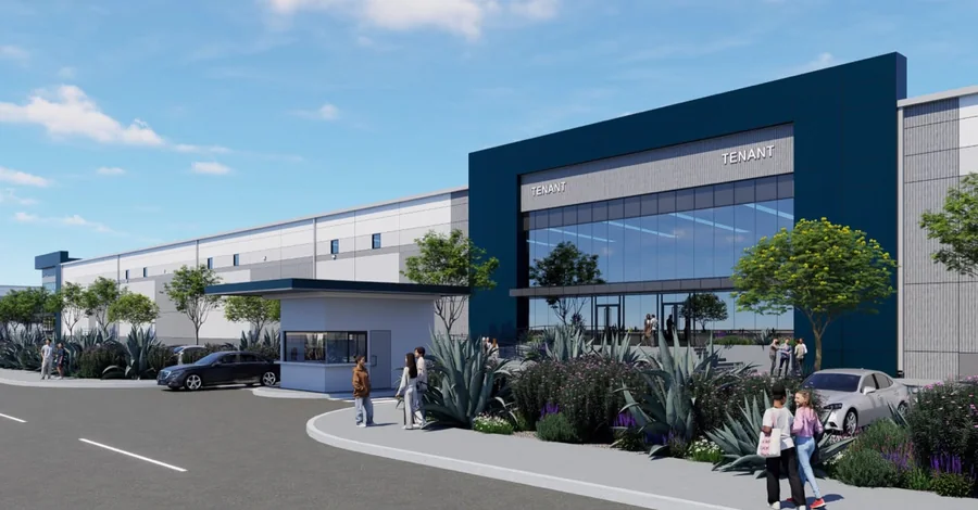 Render de nave industrial y caseta de acceso controlado en Mirador II