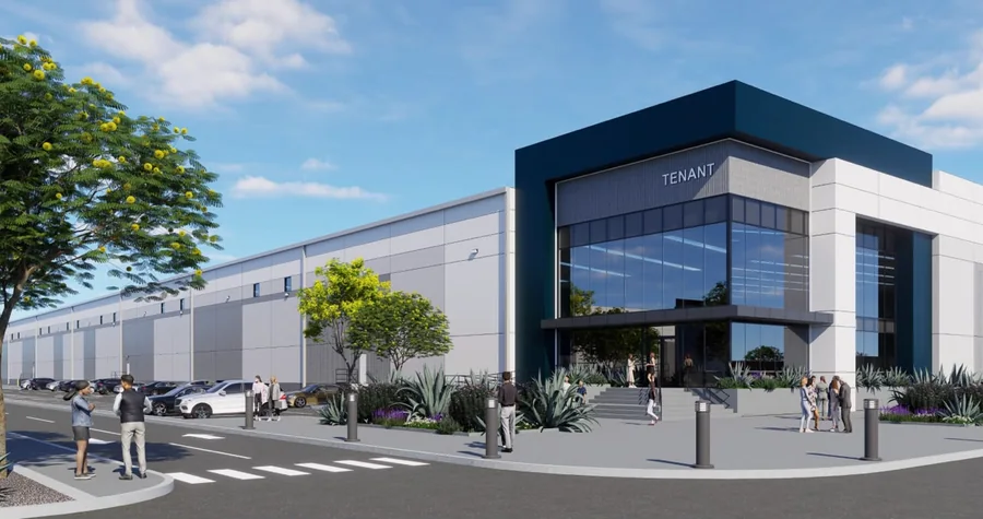 Render de nave industrial tipo en Mirador II con oficinas y estacionamiento