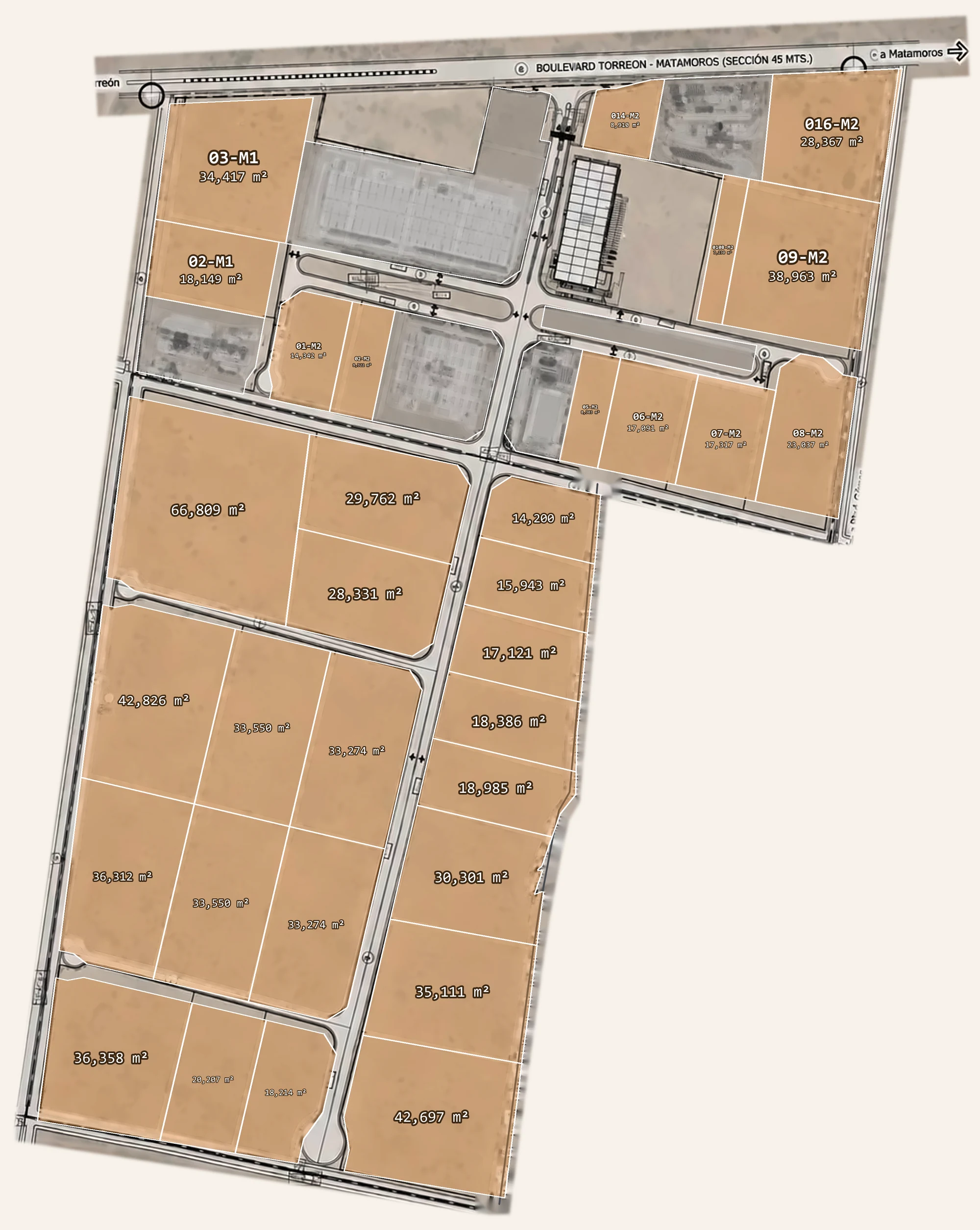 Plano de Laguna Industrial Park sobre foto aérea: lotes disponibles en naranja y no disponibles en gris, Torreón, Coahuila
