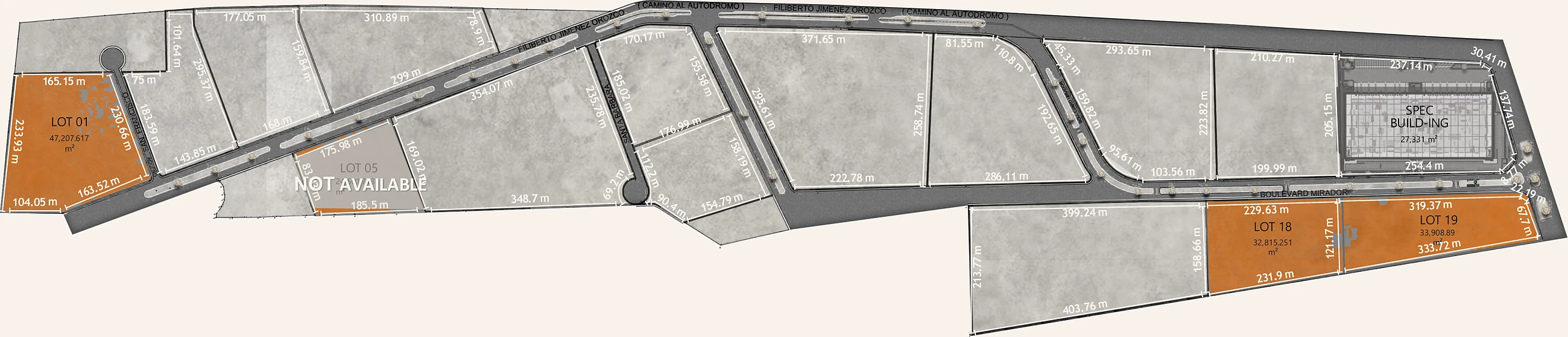 Plano de Mirador Apodaca con los lotes disponibles marcados en naranja, Apodaca, Nuevo León